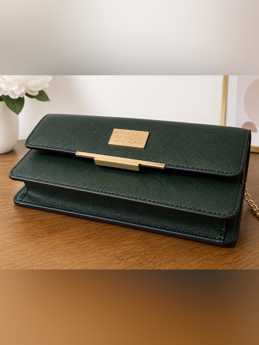 Badgley Mischka Deep Green Crossbody Wallet with Gold I Chain - Picture 3 of 8